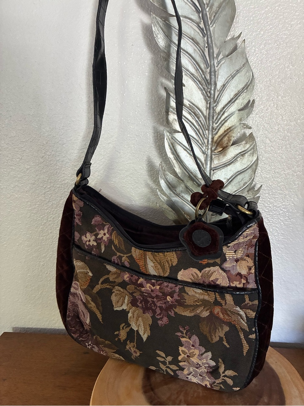Bueno Floral Tapestry Shoulder Bag in Brown and Burgundy